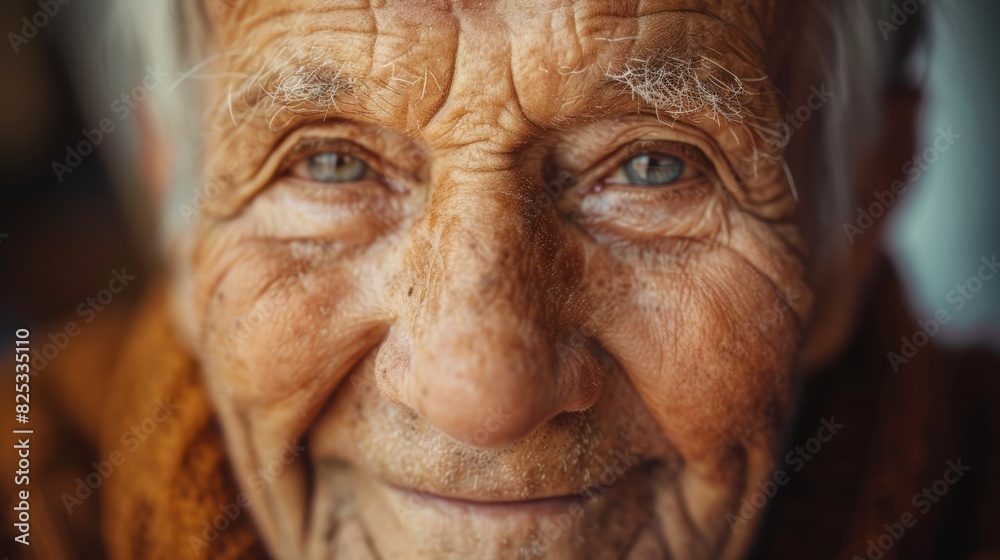 Closeup of a smiling elderly persons face, wrinkles and expression lines, high detail, warm lighting, rare view, human character, stock photography Closeup of a smiling elderly persons face, wrinkles and expression lines, high detail, warm lighting, rare view, human character, stock photography