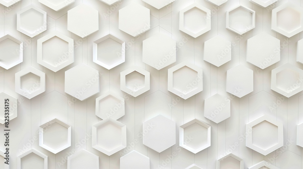   A wall adorned with numerous hexagonal tiles against a pristine white backdrop