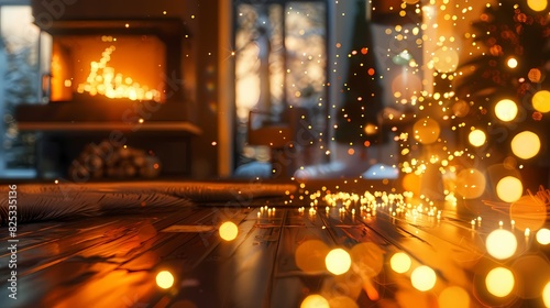 A cozy scene of a warm hearth in a futuristic home  with a defocused backdrop of gently glowing particles