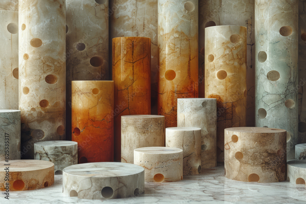Isometric pattern featuring cylindrical forms in various heights with a sandy texture, Isometric pattern featuring cylindrical forms in various heights with a sandy texture,