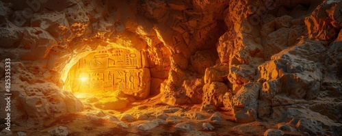 An ancient cave with hidden strategy carvings illuminated by torchlight, Historical, Illustration, Warm and earthy tones photo