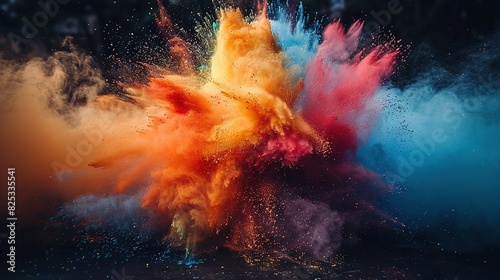   A vibrant burst of colorful dust and water against a dark backdrop with a hazy border on both sides photo