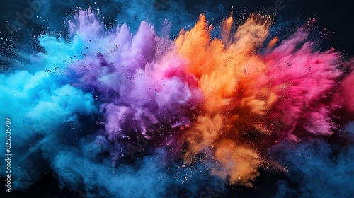  A vibrant display of colored powder against a dark backdrop featuring red, orange, blue, and pink explosions