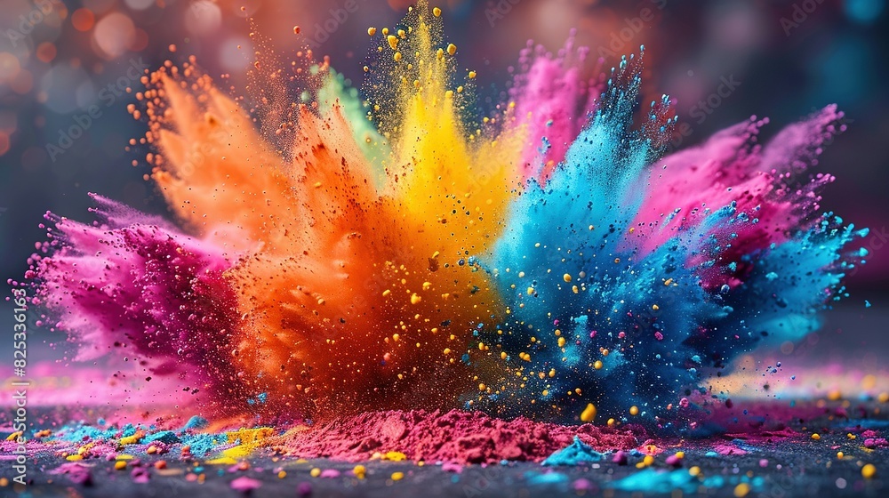  A vibrant blast of pigmented dust against a black backdrop, featuring a hazy bokeh of illuminations in the ambiance