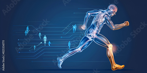 Anatomical structure of muscular system of human body dark background Header banner mockup photo