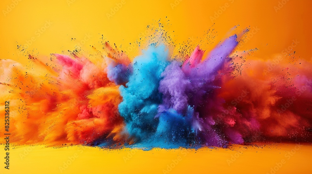 A vibrant blast of colored powder on a yellow backdrop, offering space for text or a logo below A vibrant blast of colored powder on a yellow backdrop, offering space for text or a logo below