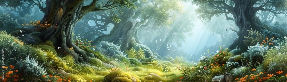 Mystical forest with sunlight filtering through ancient trees, green foliage and a serene atmosphere, evokes a sense of tranquility and magic.