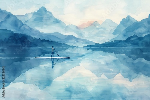 Peaceful watercolor painting of a solitary person paddleboarding on a serene lake surrounded by majestic mountains under a calming sky. photo