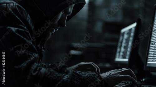 Closeup of a hacker working on a computer, dark environment, emphasizing code and security breach, cybernetic tone, Monochromatic Color Scheme photo