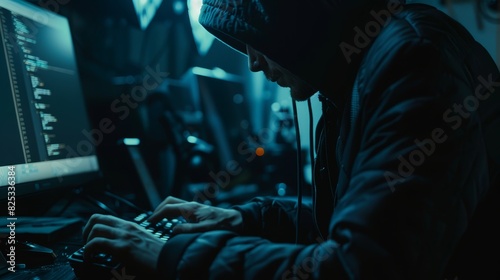 Closeup of a hacker working on a computer, dark environment, emphasizing code and security breach, cybernetic tone, Monochromatic Color Scheme