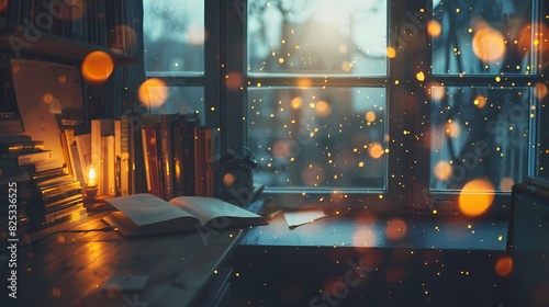 A cozy scene of a writer's den, with a defocused backdrop of softly glowing particles - photo