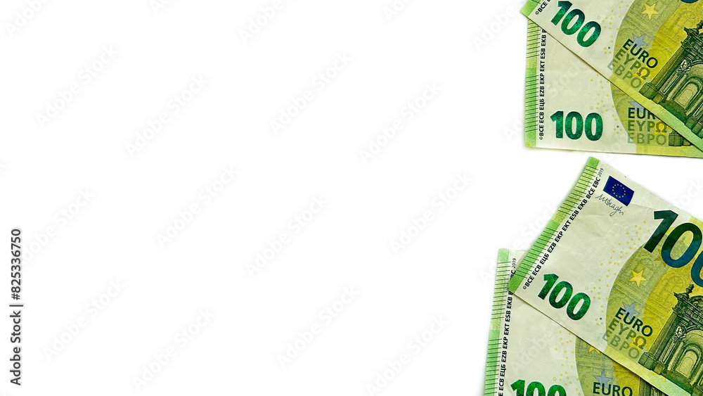 Four 100€ bills. Euro: 400 euro. Europian money. EU money. Isolated on white horizontal background. Four 100€ bills. Euro: 400 euro. Europian money. EU money. Isolated on white horizontal background.