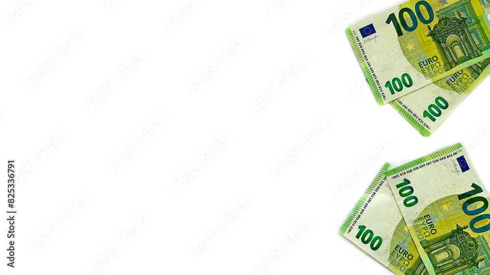 Four 100€ bills. Euro: 400 euro. Europian money. EU money. Isolated on white horizontal background. Four 100€ bills. Euro: 400 euro. Europian money. EU money. Isolated on white horizontal background.