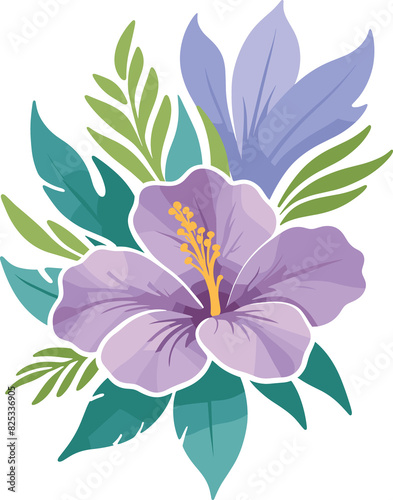 Watercolor blooming violet hibiscus flower and leaf design element png, floral clipart for card, Hawaii, spring, summer decoration, mother, vintage, graduation, gardening, botany, tropical plant 