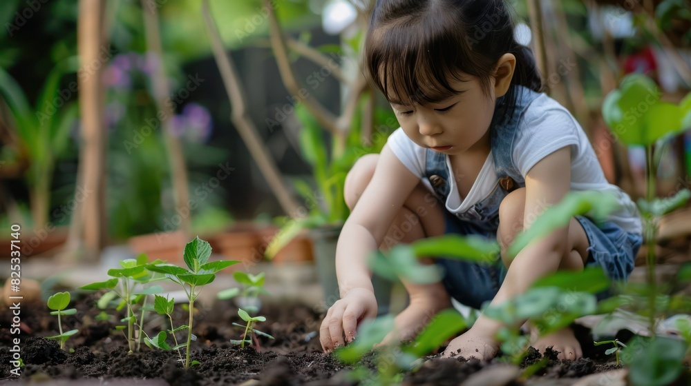 Young little girl planting plants in her home backyard garden. Young little girl planting plants in her home backyard garden.