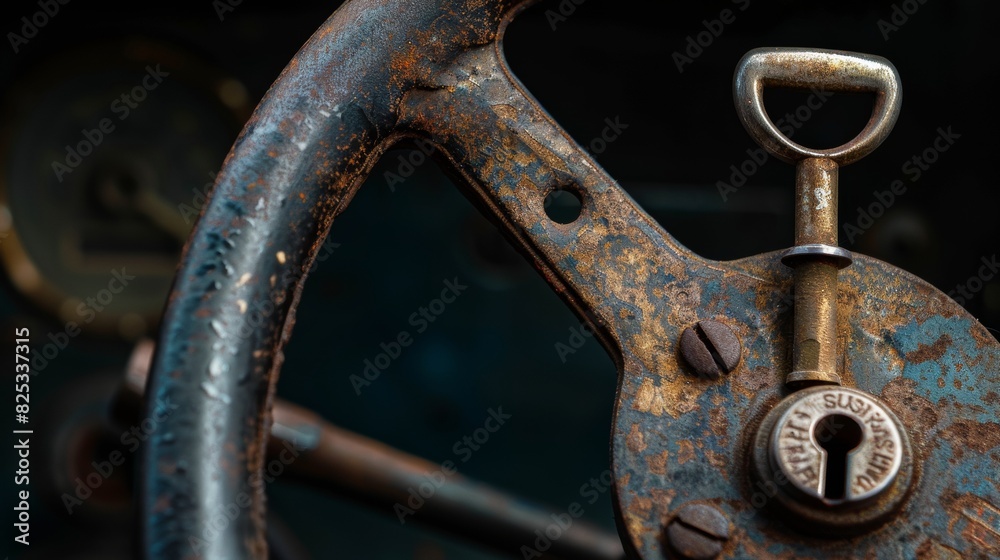 Rusty key in an old car ignition for vintage or industrial design