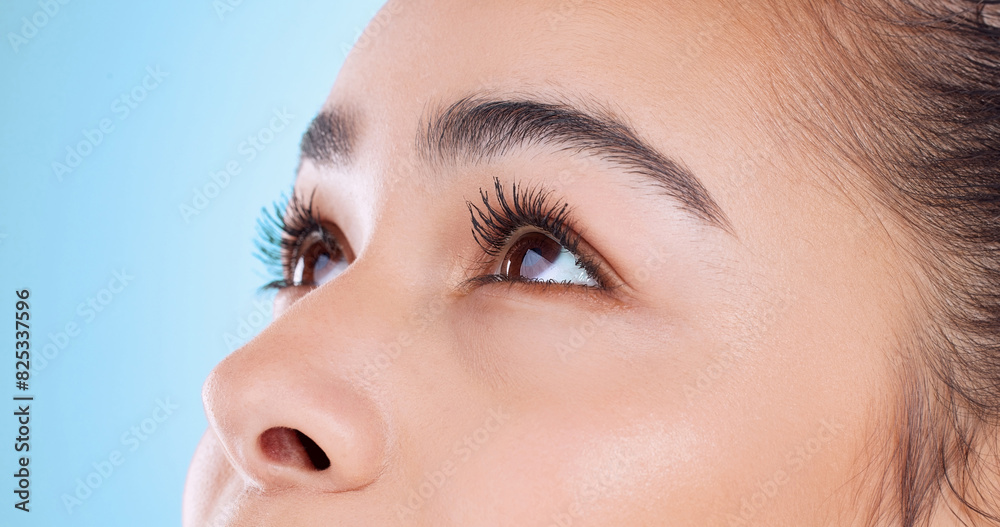 Studio, eyes and woman with cosmetics for skincare, facial and makeup for lashes. Beauty, dermatology and face of girl with mascara, eyebrow and healthy skin, wellness and thinking on blue background Studio, eyes and woman with cosmetics for skincare, facial and makeup for lashes. Beauty, dermatology and face of girl with mascara, eyebrow and healthy skin, wellness and thinking on blue background