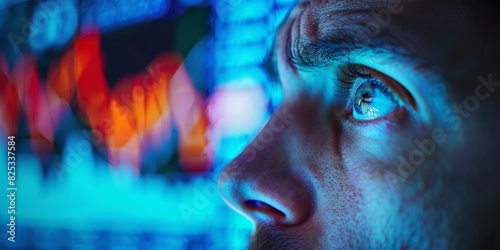 Closeup of a person with a worried expression, looking at a stock market graph, detailed face, office setting, high resolution, financial risk, stock photography photo