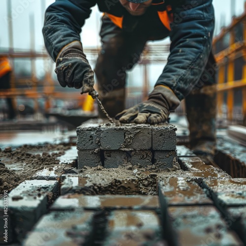 A construction worker is laying bricks on a building site