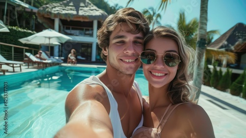 Happy young wealthy rich man posing with his gorgeous young girlfriend at a luxurious tropical resort taking a selfie looking at the camera. 