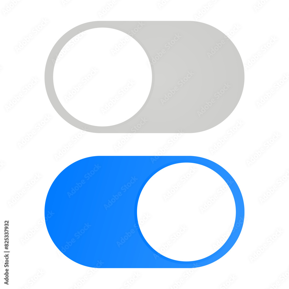 On and off icon. Toggle switch symbol. Slide vector sign. Blue and grey slider . Setting control apple design. On and off icon. Toggle switch symbol. Slide vector sign. Blue and grey slider . Setting control apple design.