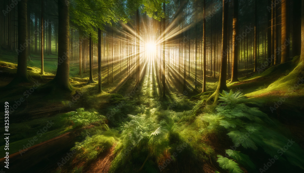 Forest with trees and ray of sunlight