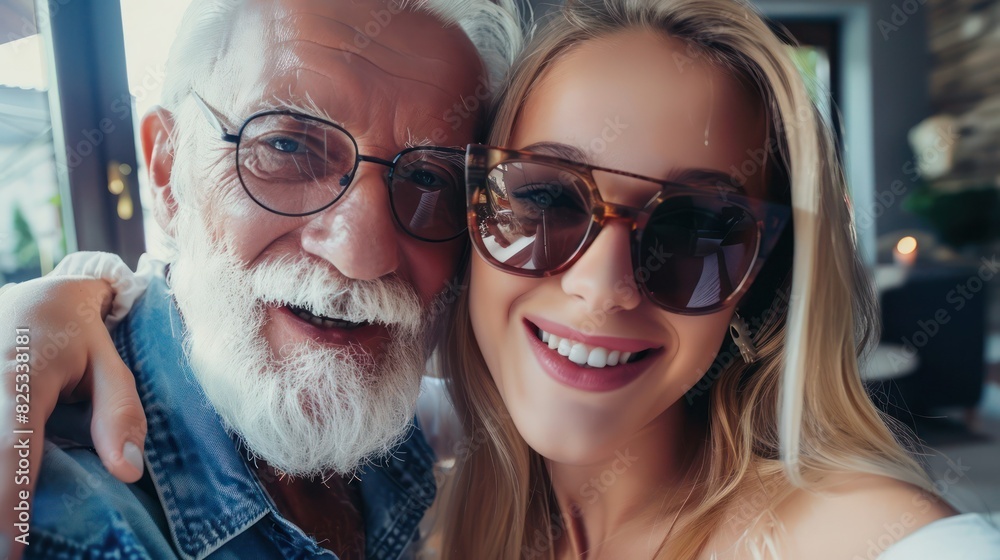 Happy Old wealthy rich man posing with his gorgeous young girlfriend at a jewelry taking a selfie looking at the camera. Happy Old wealthy rich man posing with his gorgeous young girlfriend at a jewelry taking a selfie looking at the camera.