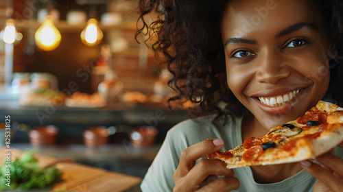 An African American woman enjoying pizza in a cozy restaurant