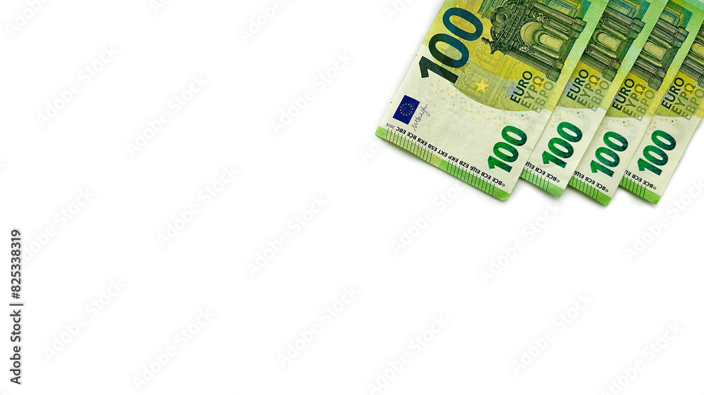 Four 100€ bills. Euro: 400 euro. Europian money. EU money. Isolated on white horizontal background. Four 100€ bills. Euro: 400 euro. Europian money. EU money. Isolated on white horizontal background.