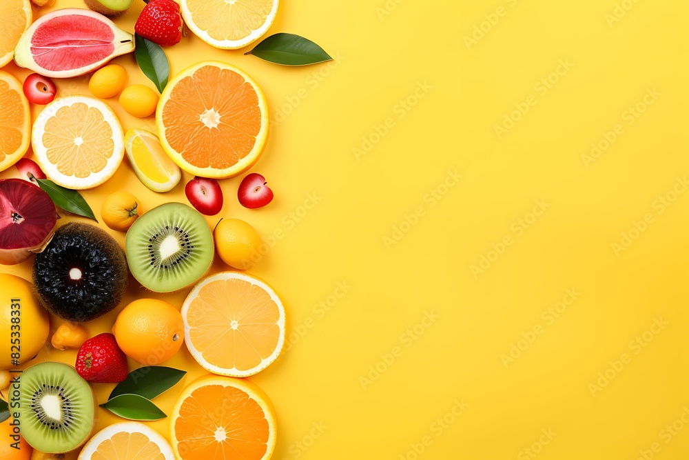 Top view of juicy oranges, lemons, limes and grapefruits on yellow background with copy space Top view of juicy oranges, lemons, limes and grapefruits on yellow background with copy space