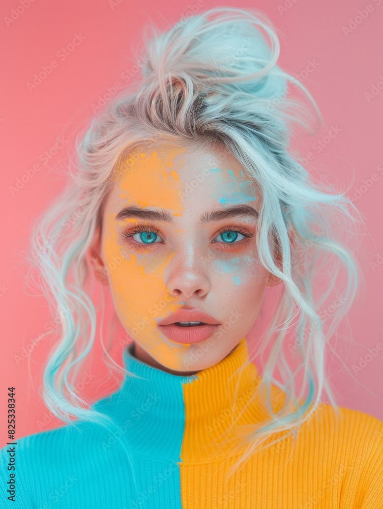 Young Caucasian Woman with Artistic Makeup on Pink Background, Stylish Fashion Portrait Young Caucasian Woman with Artistic Makeup on Pink Background, Stylish Fashion Portrait