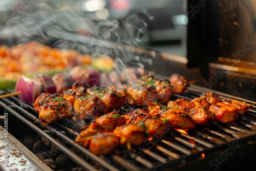 Wallpaper Mural Grill Master at Sunset: A Vibrant Outdoor Barbecue Scene with Marinated Meats and Vegetables on a Sizzling Grill Torontodigital.ca