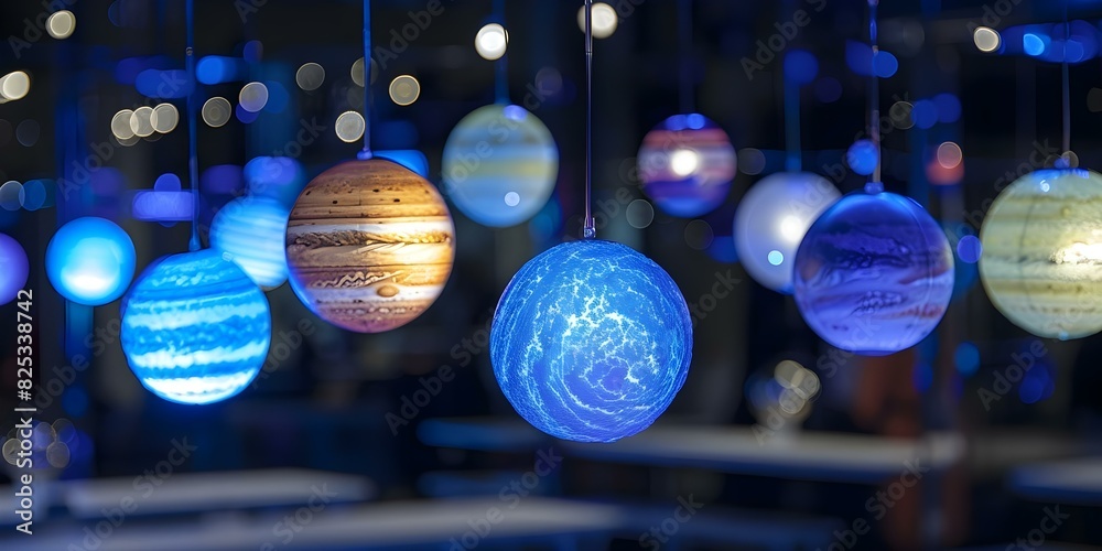 Solar System Led Model Miniature solar system model with illuminated planets suspended in dark ...