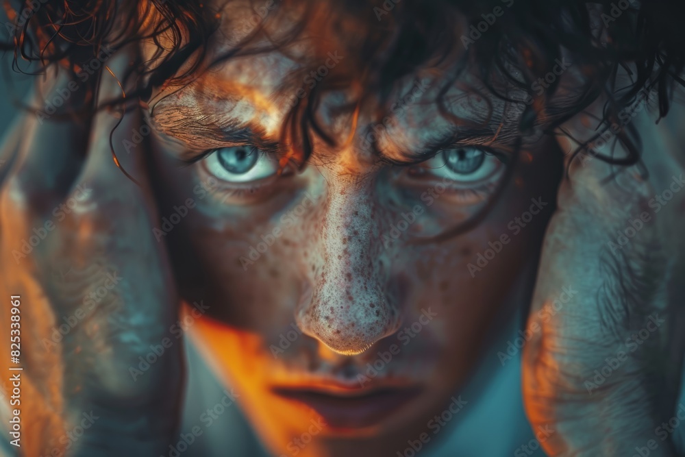 Closeup of a person with a manic expression, pulling their hair, detailed face and hands, soft light, high resolution, intense shock, stock photo Closeup of a person with a manic expression, pulling their hair, detailed face and hands, soft light, high resolution, intense shock, stock photo