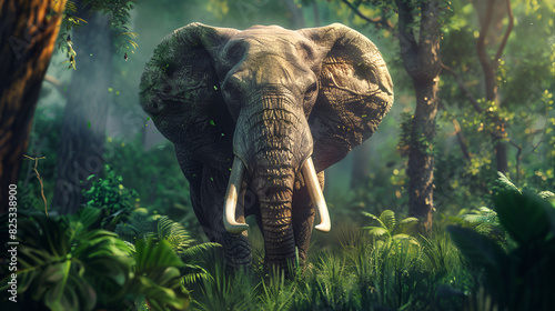 African elephant with big tusks in the forest photo