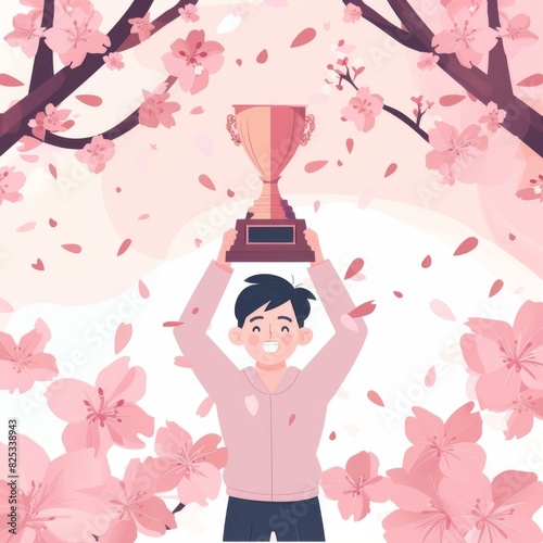 Happy Man Holding Trophy Amidst Cherry Blossoms  Spring Celebration Concept
