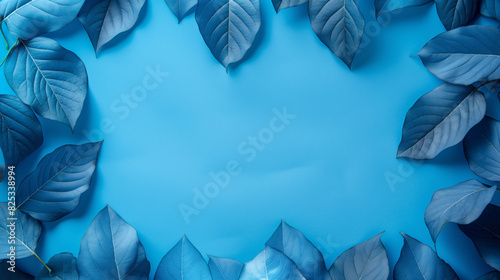 Folhas azuis emolduram um fundo azul com espaço de cópia photo