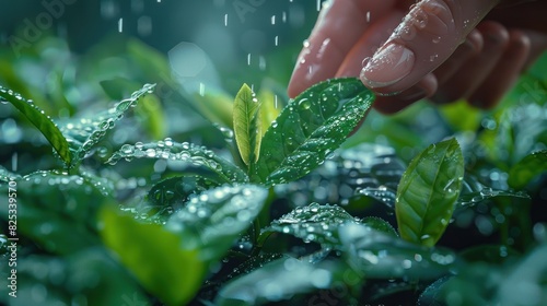 Close-up of a hand picking a dew-covered tea leaf on a rainy day, AI-generated.