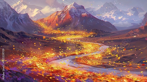   A painting of a mountain landscape featuring a winding road upfront and a majestic mountain range in the backdrop photo