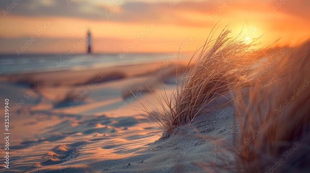 Fototapeta Serene view of a lighthouse during sunset, framed by sand dunes and coastal grass, AI-generated.