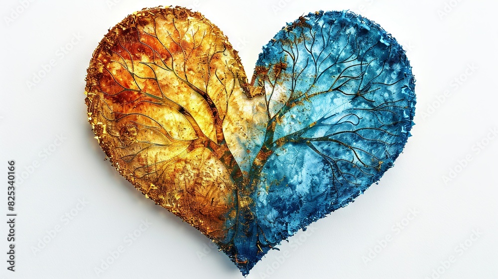 Two golden, blue, and orange heart-shaped leaves painted on canvas Two golden, blue, and orange heart-shaped leaves painted on canvas