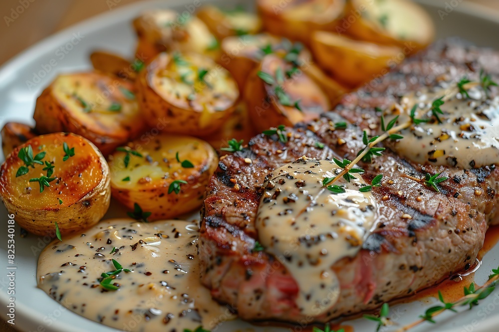 A plate of meat and potatoes with a sauce on top A plate of meat and potatoes with a sauce on top