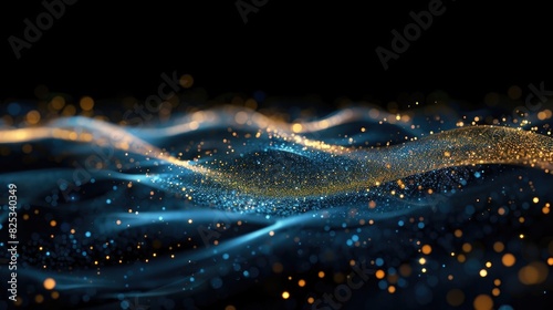 Abstract blue and gold glowing light curved wave on black background with bokeh effect. Abstract glittering dust trail. Concept of beautiful and shining night sky, space or futuristic technology