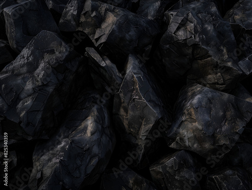 Close-up of jagged, black rocks with a rough, textured surface