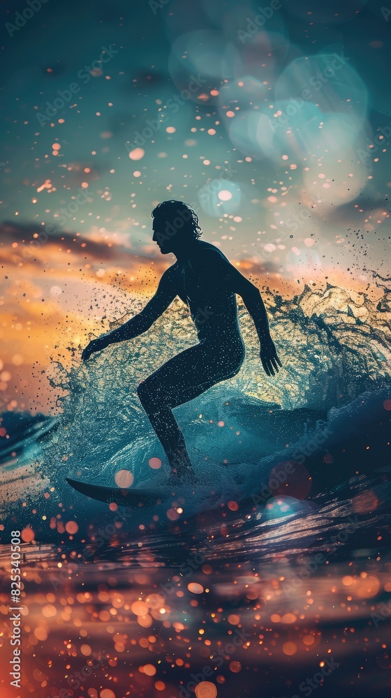 Silhouette of a surfer riding a wave at sunset, with sparkling water and colorful sky in the background, creating a magical scene. Silhouette of a surfer riding a wave at sunset, with sparkling water and colorful sky in the background, creating a magical scene.