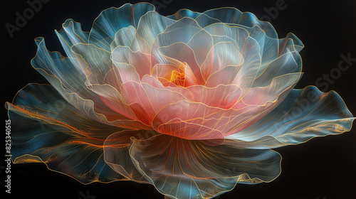  A focused photograph of a bloom on a dark canvas with a hazy depiction of its core