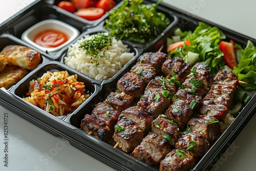 A tray of food with meat and vegetables