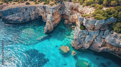 Sunny day aerial view of a rocky cliff and sparkling turquoise water