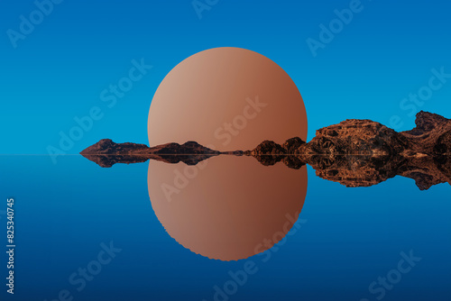 Surreal landscape with rocks and sphere at dusk photo