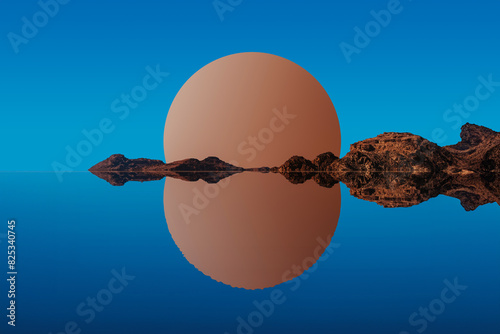 Surreal landscape with rocks and sphere at dusk